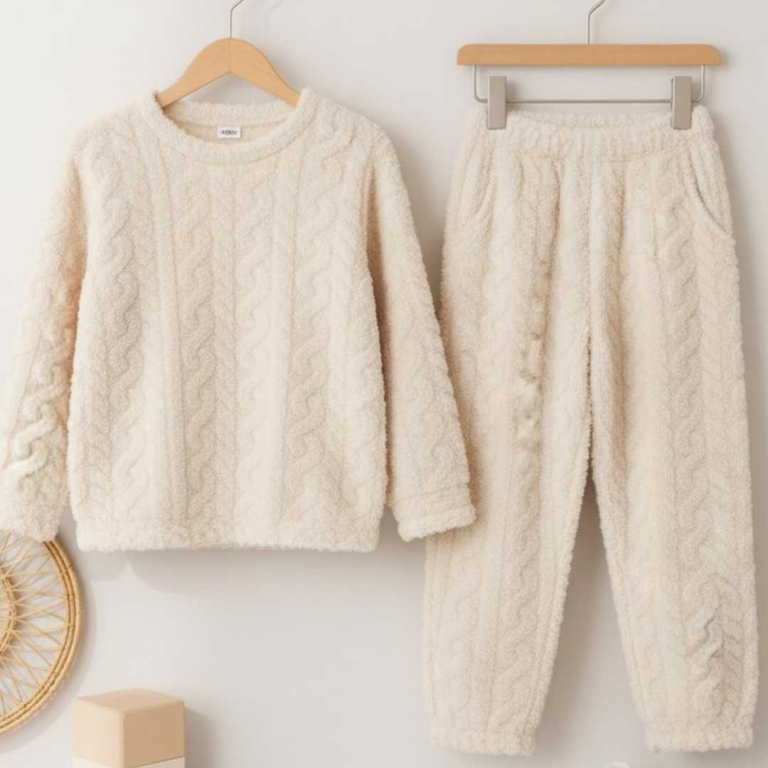 Women's Cozy Fleece Pajama Set - O-Neck Long Sleeve Winter Loungewear (2-Piece)