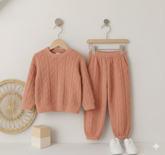 Women's Coral Fleece Jacquard Pajama Set – Thick & Cozy Two-Piece Sleepwear