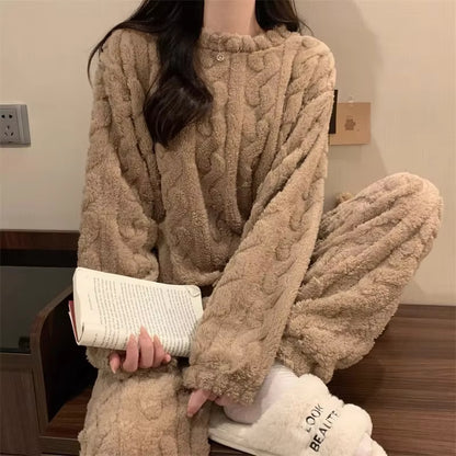 Women's Baggy Cozy Fleece Pajama Set - O-Neck Long Sleeve Winter Loungewear (2-Piece)