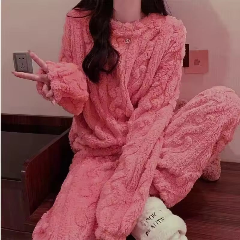 Women's Baggy Cozy Fleece Pajama Set - O-Neck Long Sleeve Winter Loungewear (2-Piece)